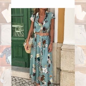 MissLook Floral Shirt Collar Maxi Dress